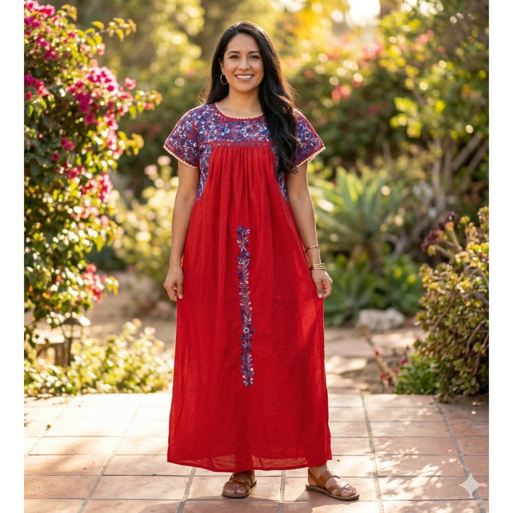 VTG San Antonino Maxi Dress S/M Oaxaca Mexican Peasant Embroidered Red Blue